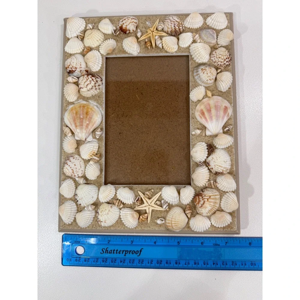 Coastal Beach Picture Frame Vintage Set 4pc Seashell Abalone Lighthouse Nautical